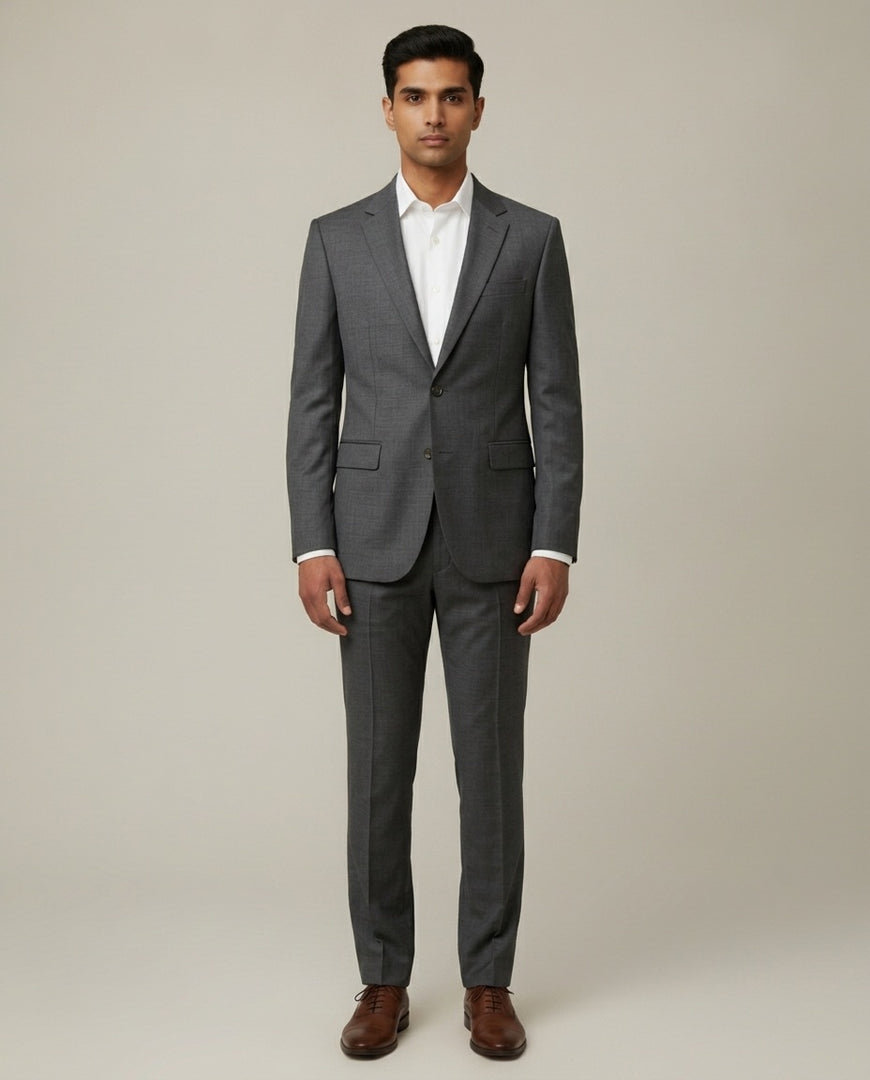 Dark Grey Solid/Plain Merino Wool Suit