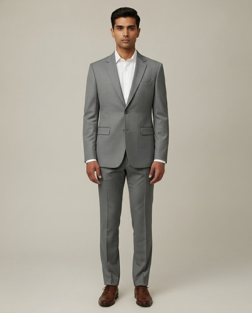 Grey Solid/Plain Merino Wool Suit