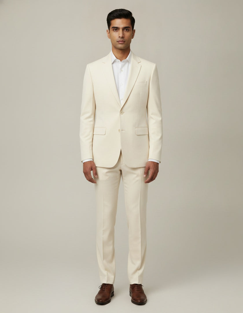 Cream Solid/Plain Merino Wool Suit