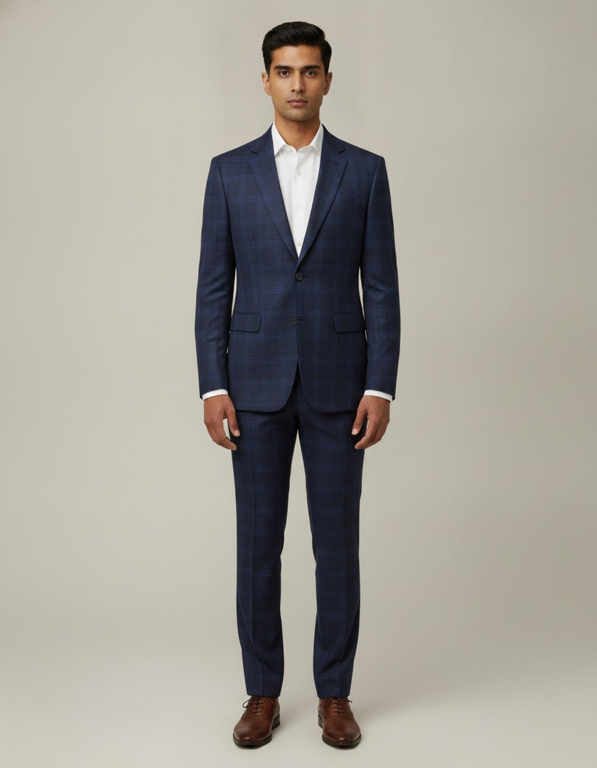 Dark Blue Plaid Checks Merino Wool Suit