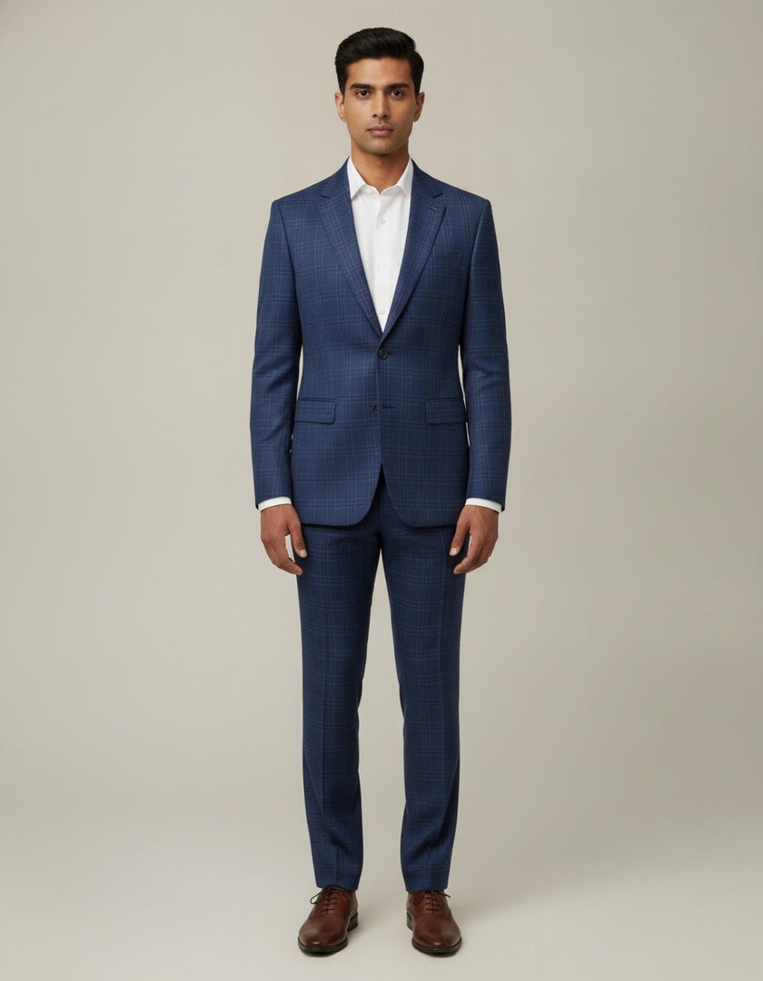 Blue Plaid Checks Merino Wool Suit