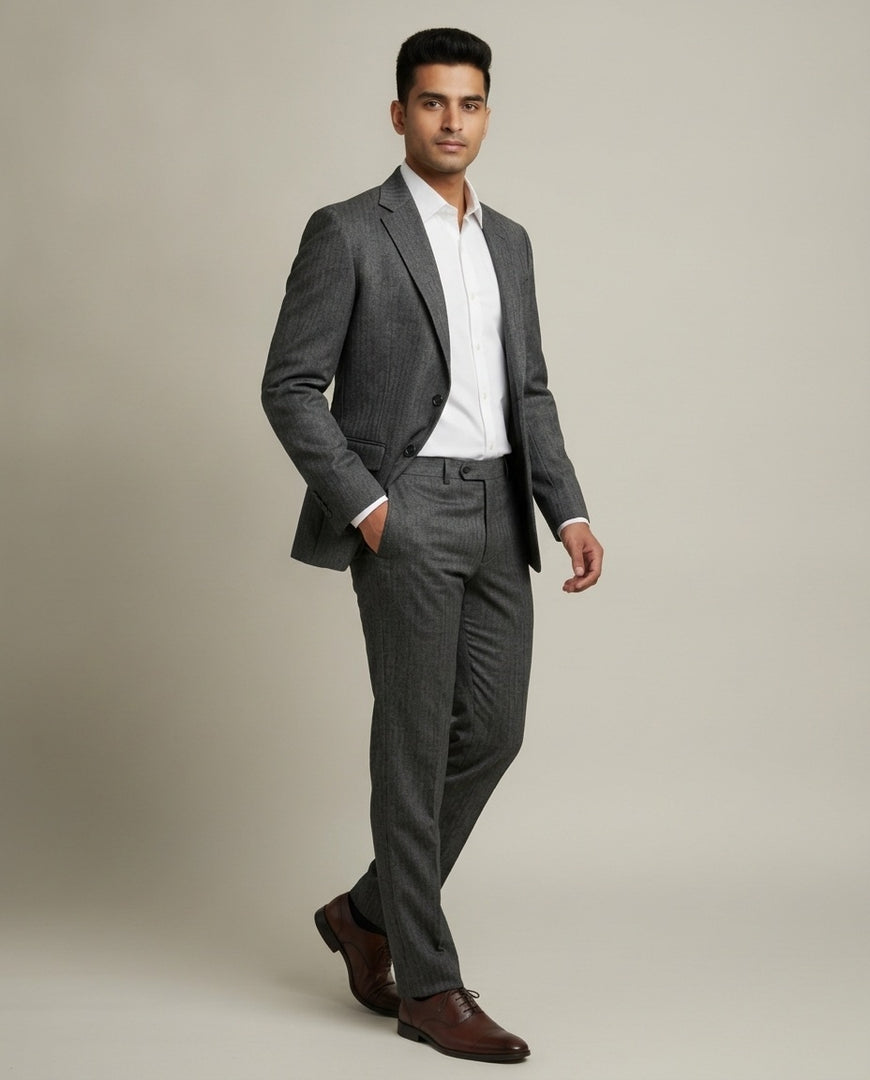 Dark Grey Herringbone Merino Wool Suit