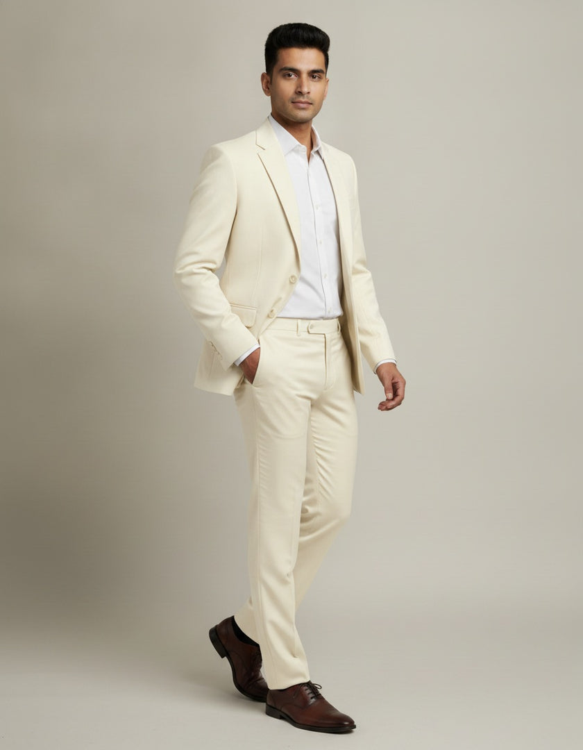 Cream Solid/Plain Merino Wool Suit