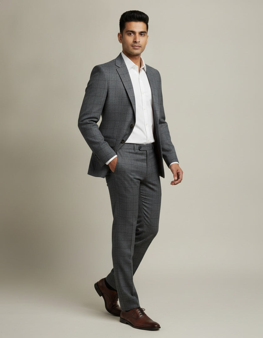 Dark Grey Checks Merino Wool Suit