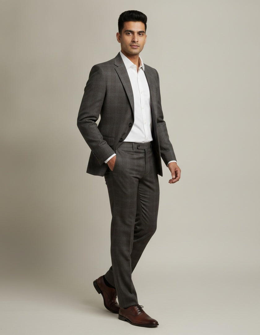 Brown Prince of Wales Check Merino Wool Suit