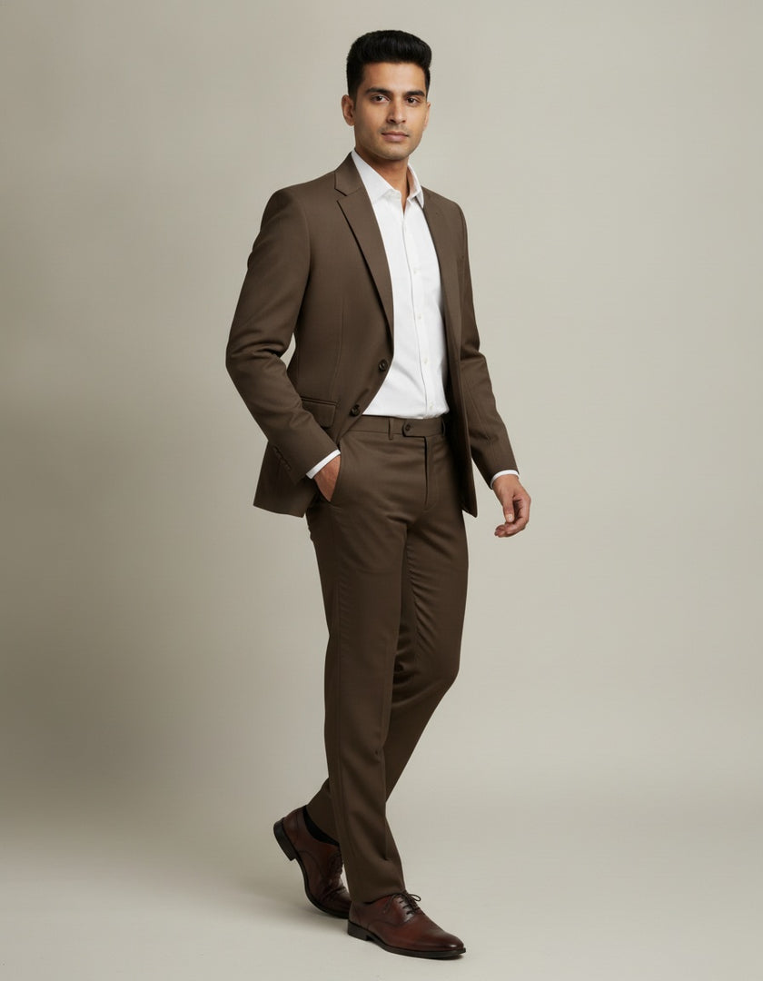 Chocolate Brown Solid/Plain Merino Wool Suit