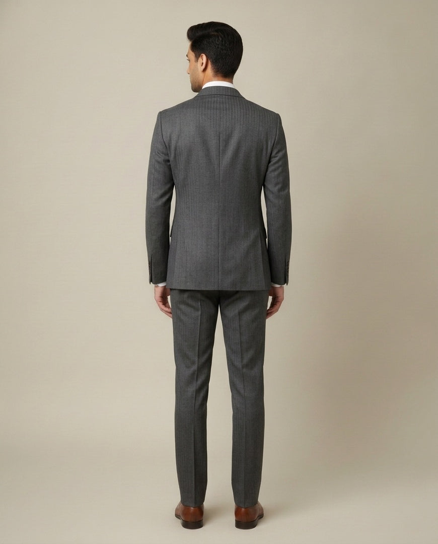Dark Grey Herringbone Merino Wool Suit