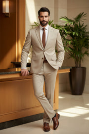 Beige Solid/Plain Merino Wool Suit