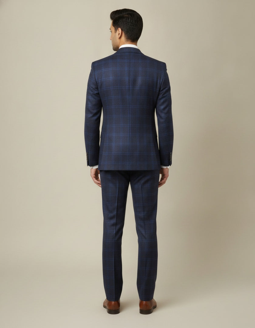 Dark Blue Plaid Checks Merino Wool Suit