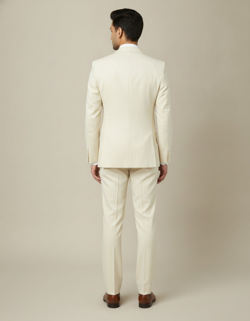 Cream Solid/Plain Merino Wool Suit