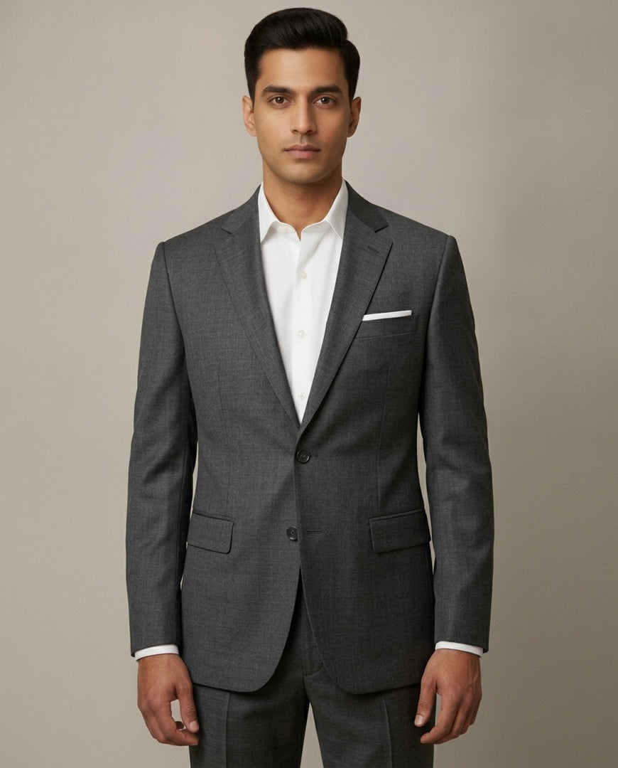 Dark Grey Solid/Plain Merino Wool Suit