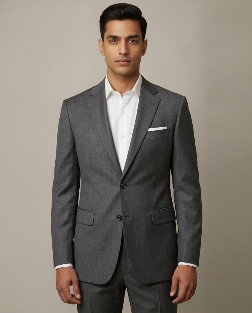 Dark Grey Sharkskin Merino Wool Suit