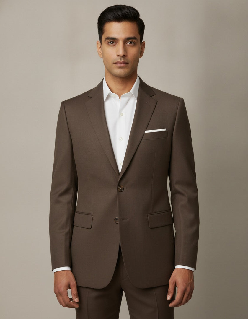 Chocolate Brown Solid/Plain Merino Wool Suit
