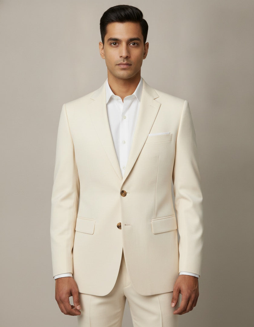 Cream Solid/Plain Merino Wool Suit
