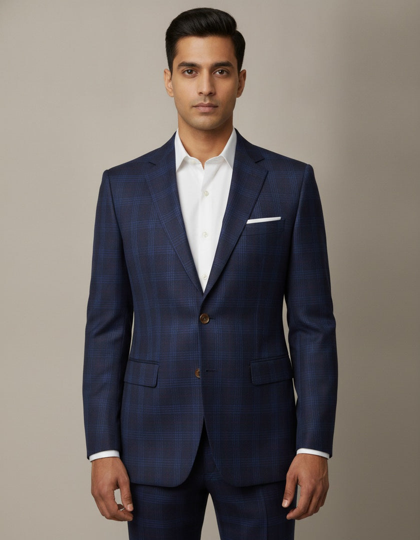 Dark Blue Plaid Checks Merino Wool Suit