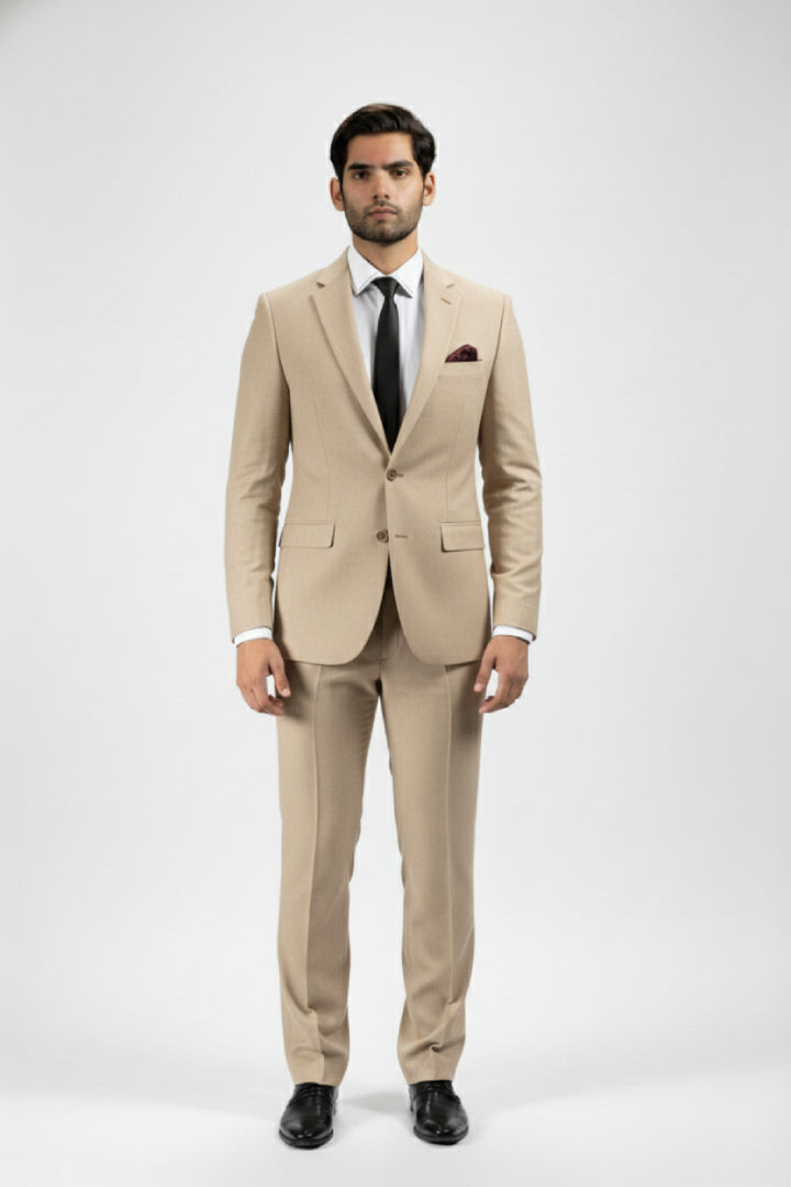 Beige Solid/Plain Merino Wool Suit